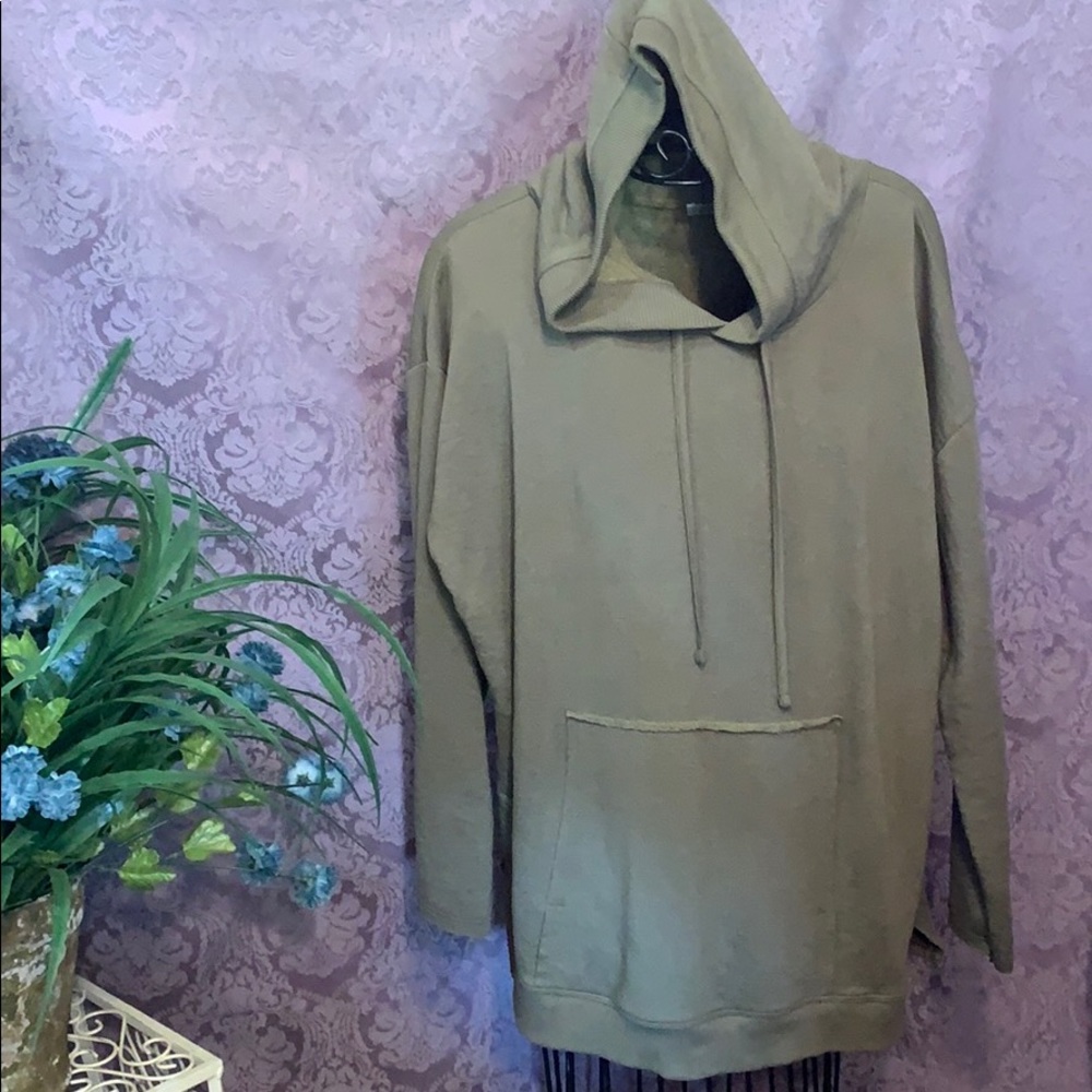 Zara Olive Green Drawstring Hoodie Raw Edges Terrycloth Interior Kangaroo Pocket